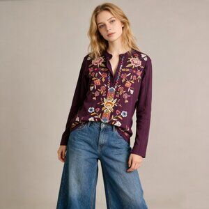 NWOT Johnny Was Anaya Floral-Embroidered Henley Top Tee Long Sleeve T-Shirt XL